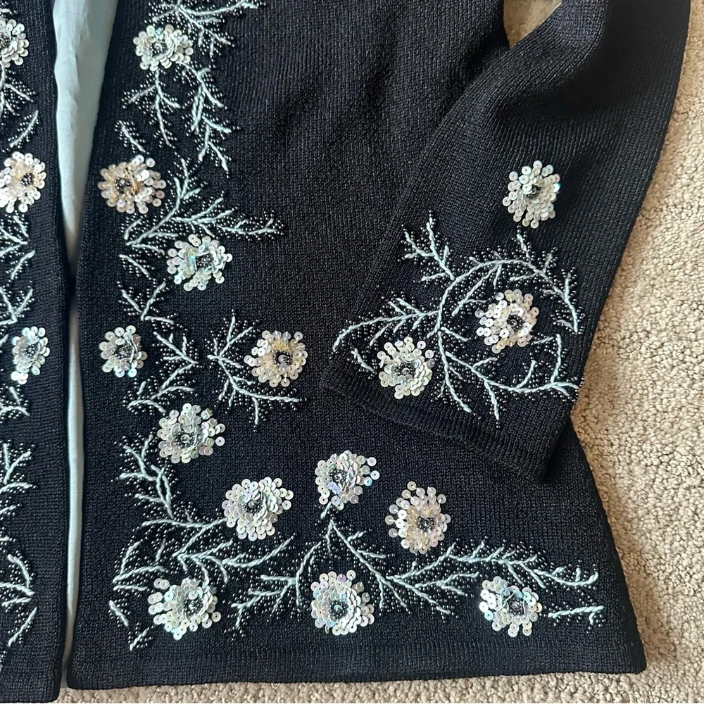 Sigrid Olsen Floral Parisian Party Beaded Sequin Cardigan Sweater Black Size SP